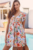Pink Floral Double Ruffle Sleeve V Neck High Waist Mini Dress