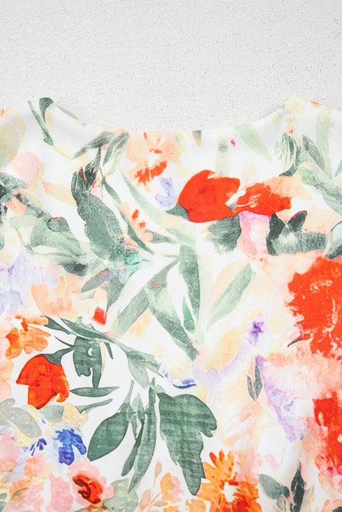 Pink Floral Double Ruffle Sleeve V Neck High Waist Mini Dress