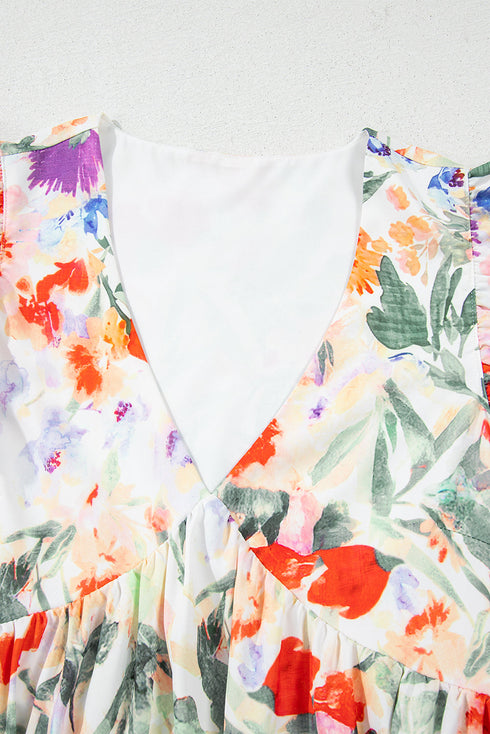 Pink Floral Double Ruffle Sleeve V Neck High Waist Mini Dress