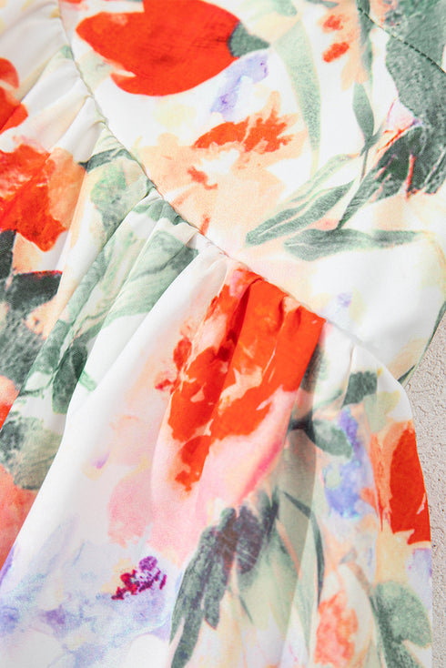 Pink Floral Double Ruffle Sleeve V Neck High Waist Mini Dress