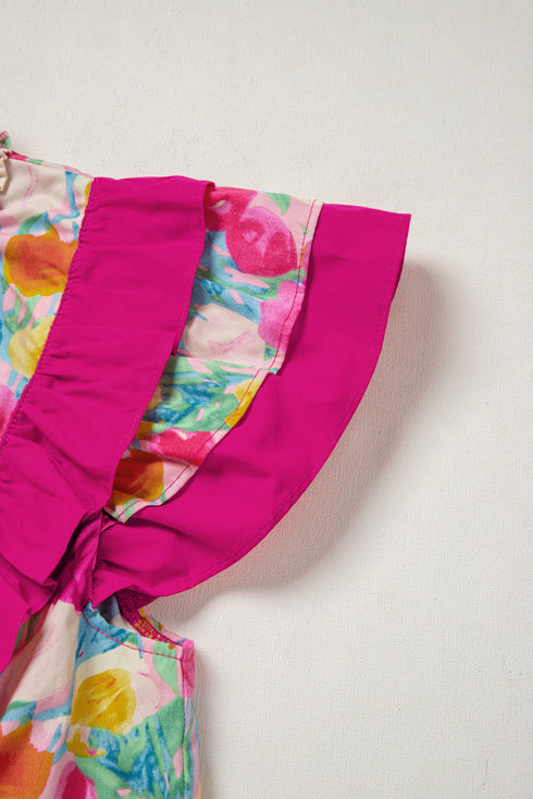 Pink Floral Layered Ruffle Flutter Sleeve Tie V Neck Blouse
