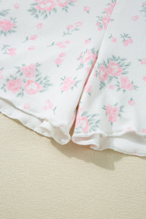 Pink Floral Lettuce Trim Tee and Shorts Ribbed Lounge Set