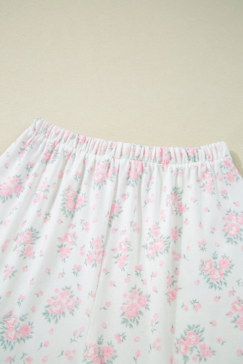 Pink Floral Lettuce Trim Tee and Shorts Ribbed Lounge Set