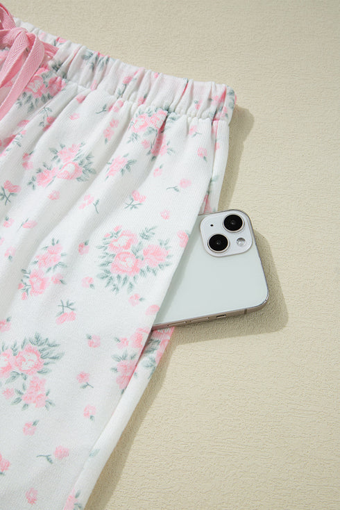 Pink Floral Lettuce Trim Tee and Shorts Ribbed Lounge Set