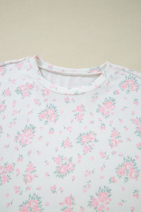 Pink Floral Lettuce Trim Tee and Shorts Ribbed Lounge Set