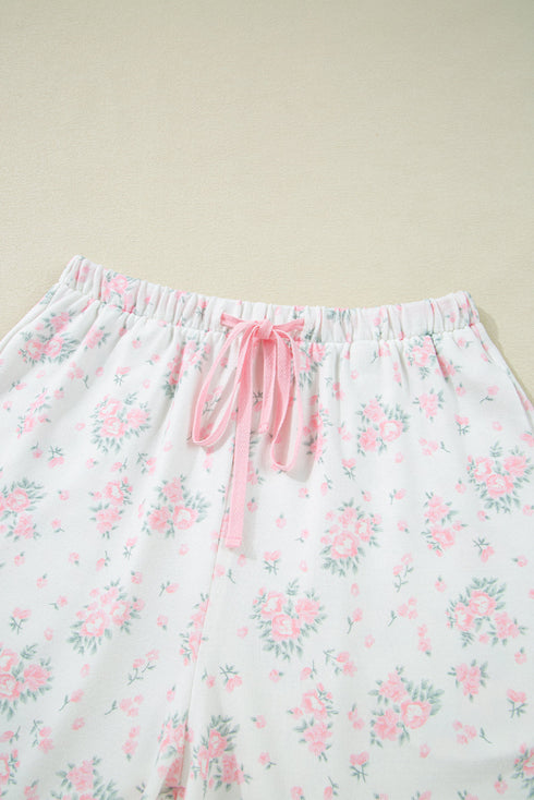 Pink Floral Lettuce Trim Tee and Shorts Ribbed Lounge Set