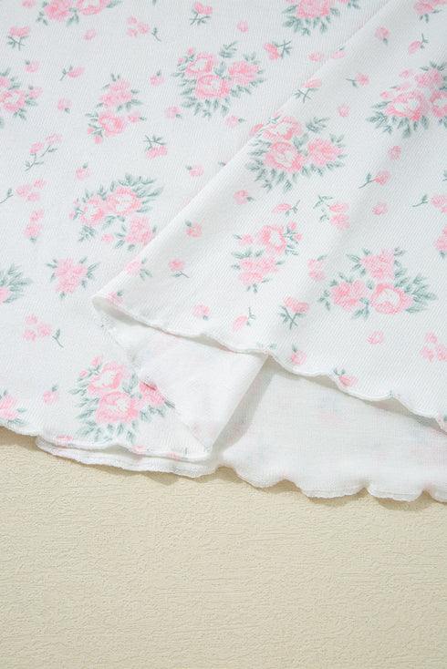 Pink Floral Lettuce Trim Tee and Shorts Ribbed Lounge Set