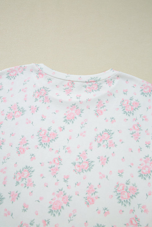 Pink Floral Lettuce Trim Tee and Shorts Ribbed Lounge Set