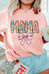 Pink Floral MAMA Bowknot Print Crewneck T Shirt