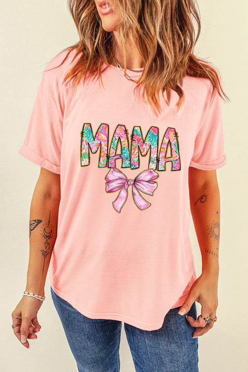 Pink Floral MAMA Bowknot Print Crewneck T Shirt