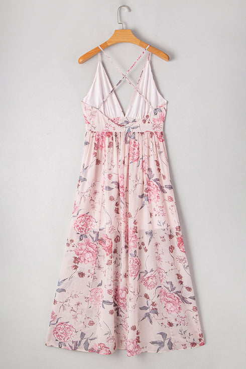 Pink Floral Pleated Bust Deep V Empire Waist Backless Maxi Dress