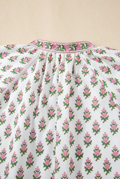 Pink Floral Print Bubble Sleeve Neck Tie Ruffled Dress