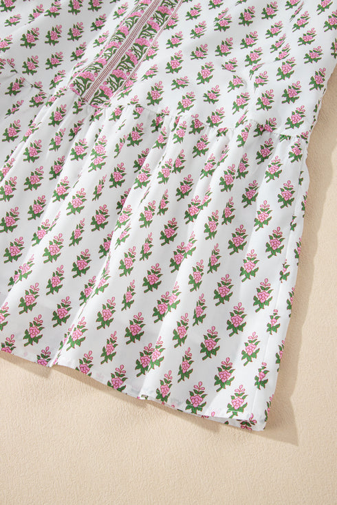 Pink Floral Print Bubble Sleeve Neck Tie Ruffled Dress