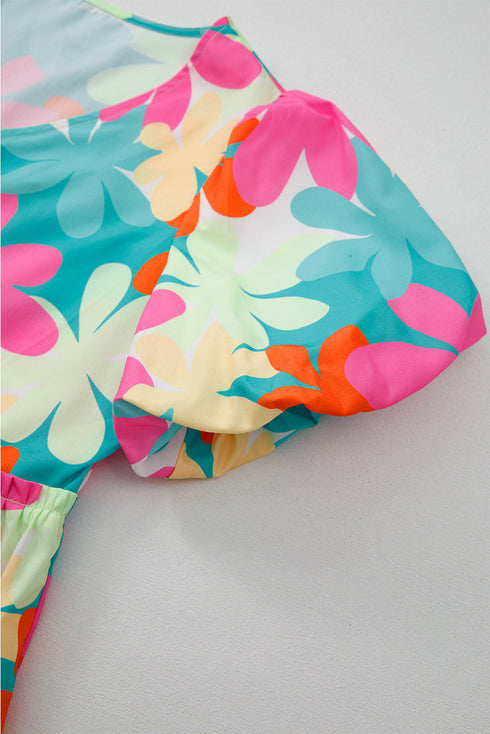 Pink Floral Print Bubble Sleeve V Neck Peplum Blouse