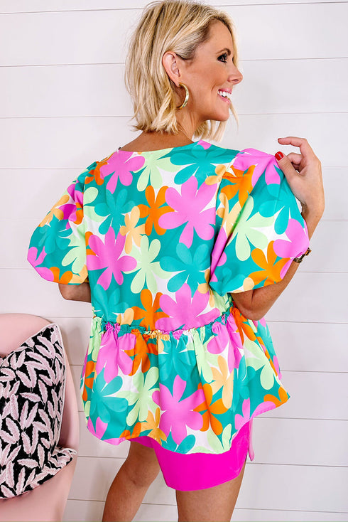 Pink Floral Print Bubble Sleeve V Neck Peplum Blouse