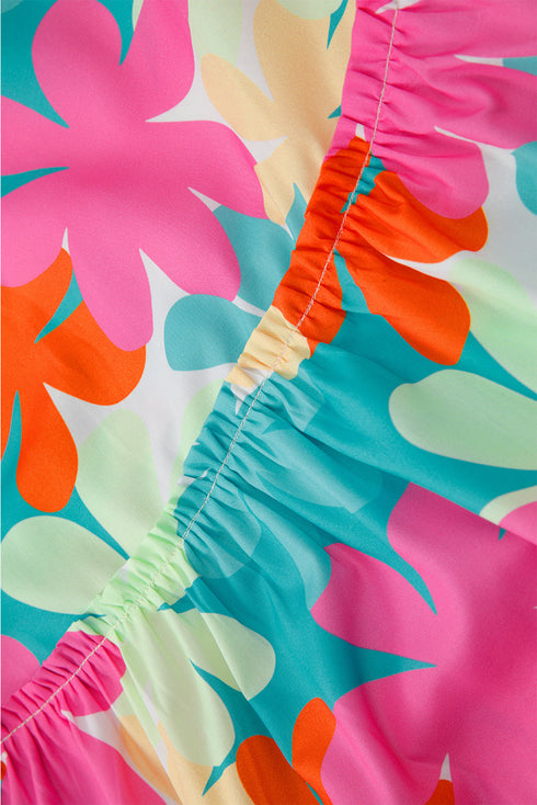 Pink Floral Print Bubble Sleeve V Neck Peplum Blouse