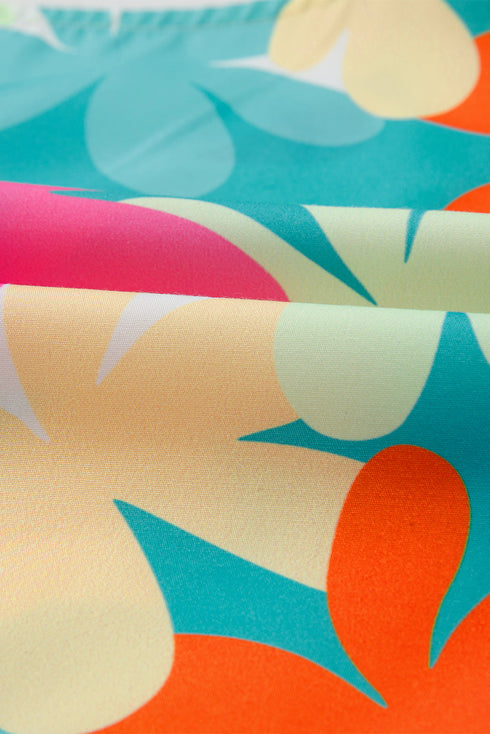 Pink Floral Print Bubble Sleeve V Neck Peplum Blouse