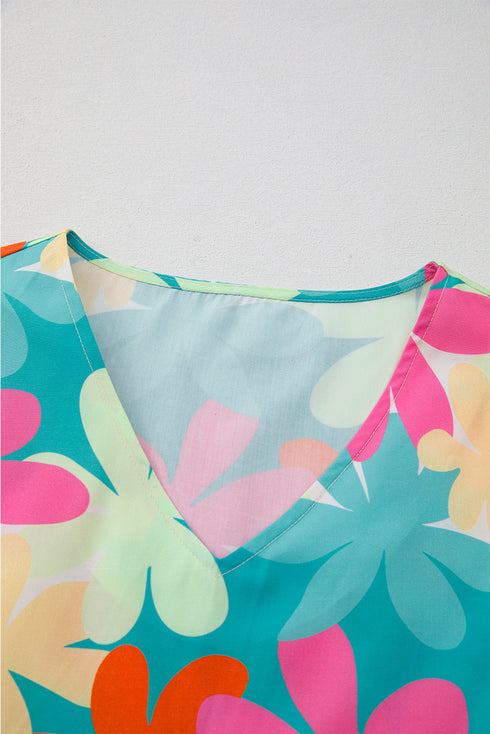 Pink Floral Print Bubble Sleeve V Neck Peplum Blouse