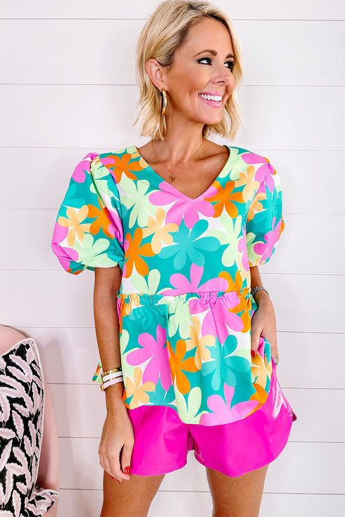 Pink Floral Print Bubble Sleeve V Neck Peplum Blouse