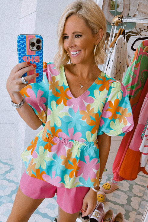 Pink Floral Print Bubble Sleeve V Neck Peplum Blouse