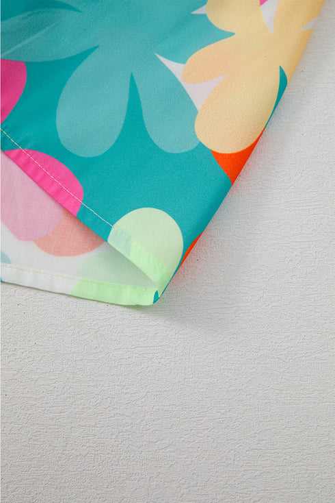 Pink Floral Print Bubble Sleeve V Neck Peplum Blouse