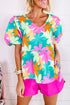 Pink Floral Print Bubble Sleeve V Neck Peplum Blouse