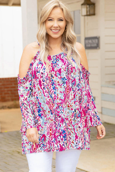 Pink Floral Print Cold Shoulder Plus Size Top