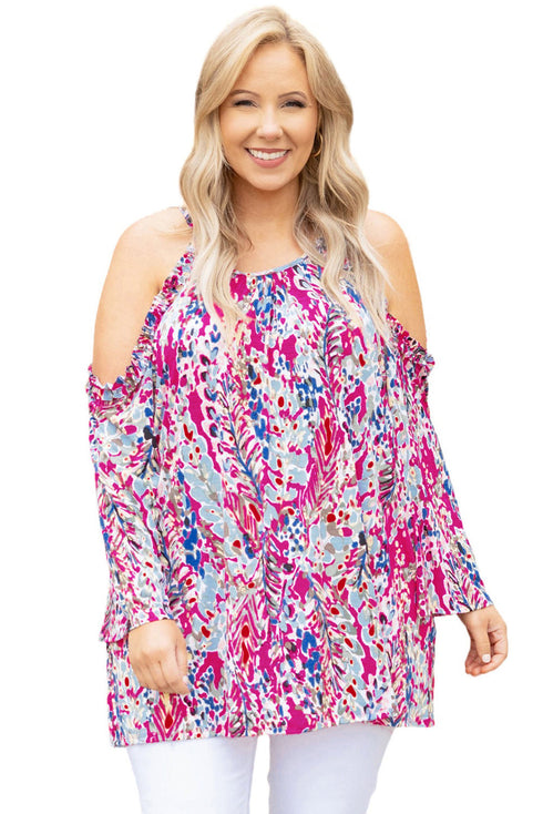 Pink Floral Print Cold Shoulder Plus Size Top