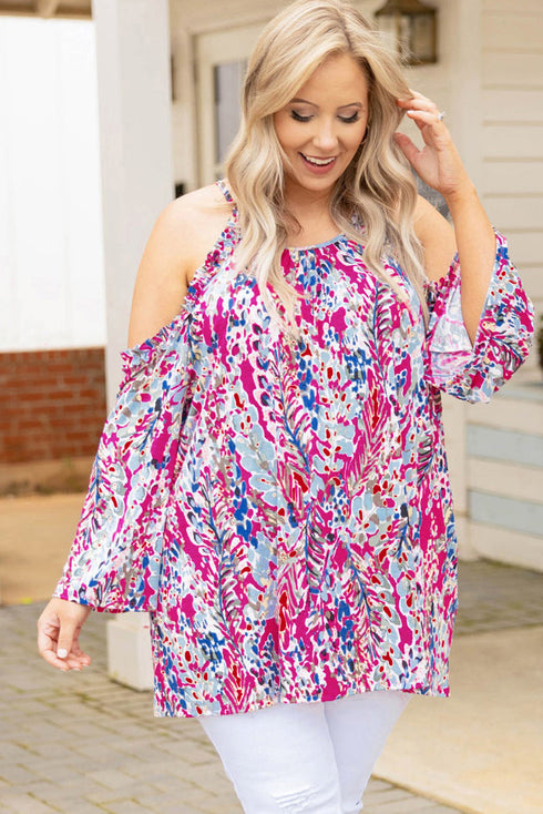Pink Floral Print Cold Shoulder Plus Size Top