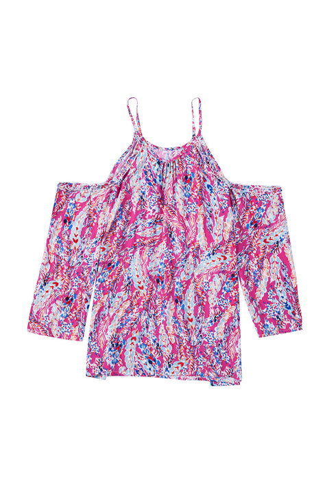 Pink Floral Print Cold Shoulder Plus Size Top