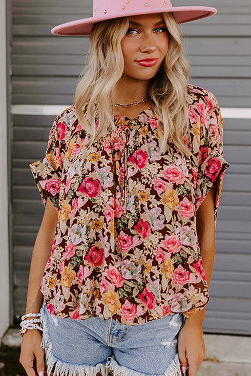 Pink Floral Print Crew Neck Short Sleeve Shift Blouse