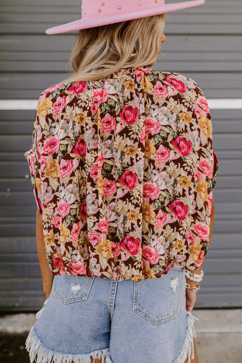 Pink Floral Print Crew Neck Short Sleeve Shift Blouse