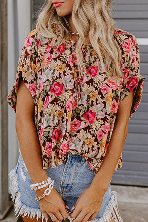Pink Floral Print Crew Neck Short Sleeve Shift Blouse