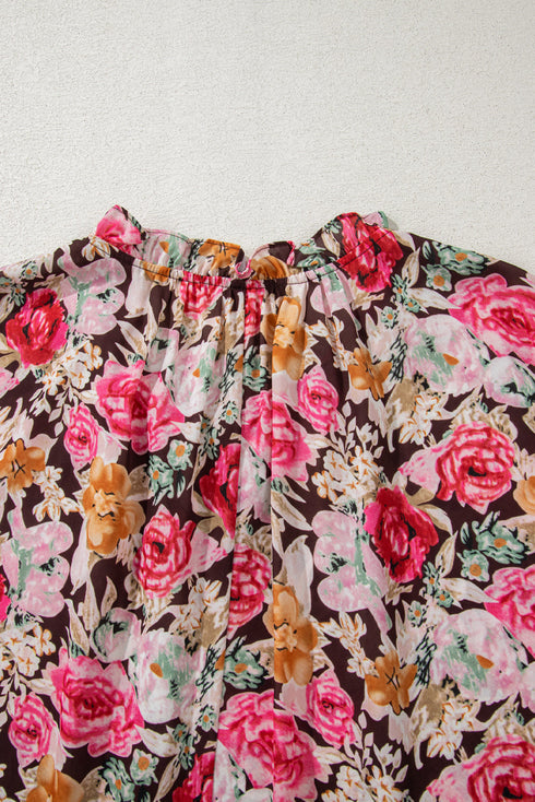 Pink Floral Print Crew Neck Short Sleeve Shift Blouse