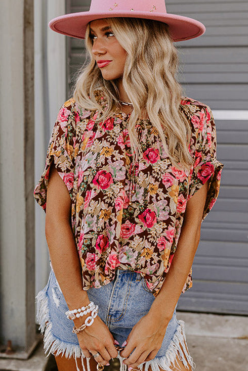 Pink Floral Print Crew Neck Short Sleeve Shift Blouse