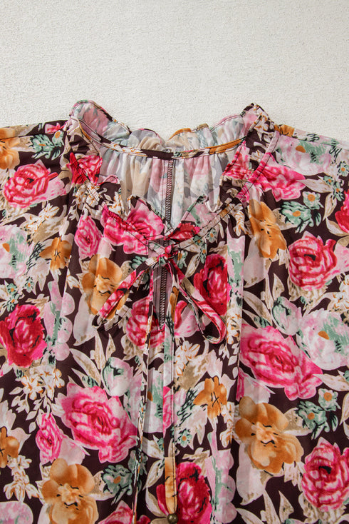 Pink Floral Print Crew Neck Short Sleeve Shift Blouse
