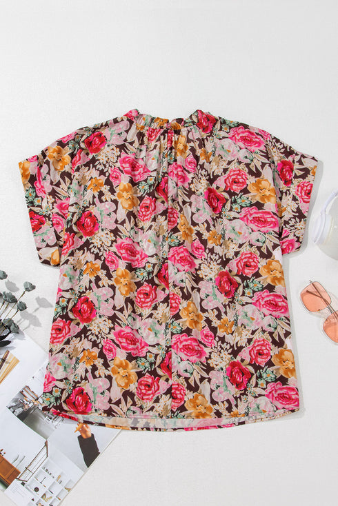 Pink Floral Print Crew Neck Short Sleeve Shift Blouse