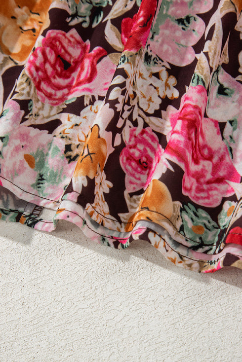 Pink Floral Print Crew Neck Short Sleeve Shift Blouse