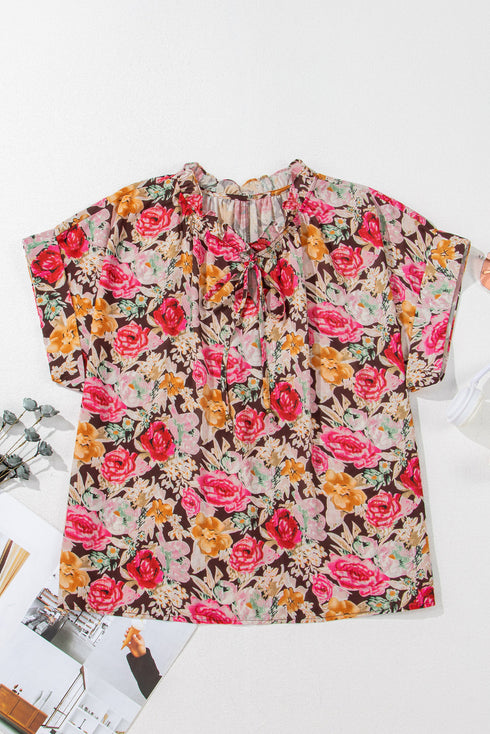 Pink Floral Print Crew Neck Short Sleeve Shift Blouse