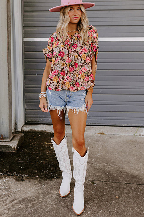 Pink Floral Print Crew Neck Short Sleeve Shift Blouse