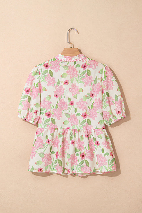 Pink Floral Print Drawstring V Neck Peplum Blouse