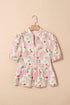 Pink Floral Print Drawstring V Neck Peplum Blouse