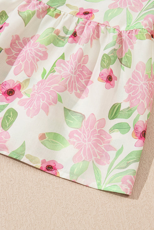 Pink Floral Print Drawstring V Neck Peplum Blouse