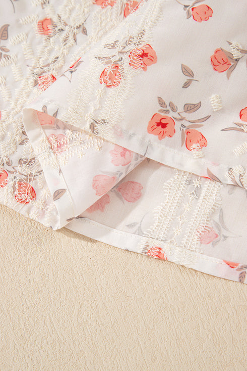 Pink Floral Print Embroidery Detail Crochet Cap Sleeve Blouse