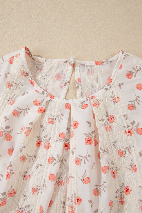 Pink Floral Print Embroidery Detail Crochet Cap Sleeve Blouse