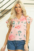 Pink Floral Print Frilled V Neck Pleated Sleeve Blouse