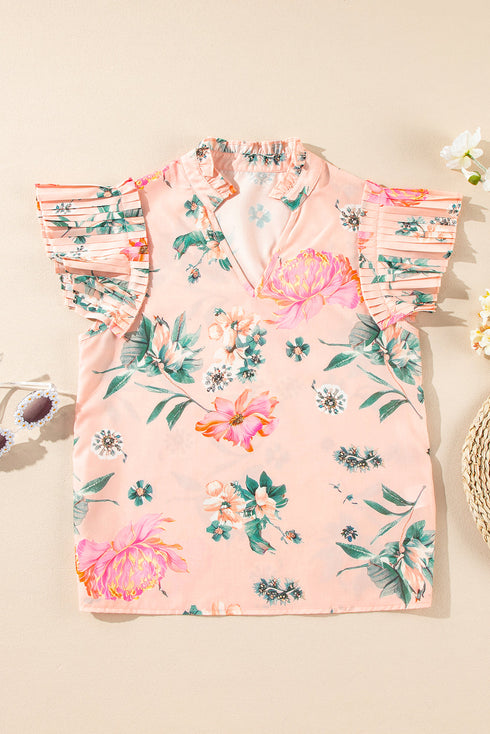 Pink Floral Print Frilled V Neck Pleated Sleeve Blouse