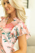 Pink Floral Print Frilled V Neck Pleated Sleeve Blouse