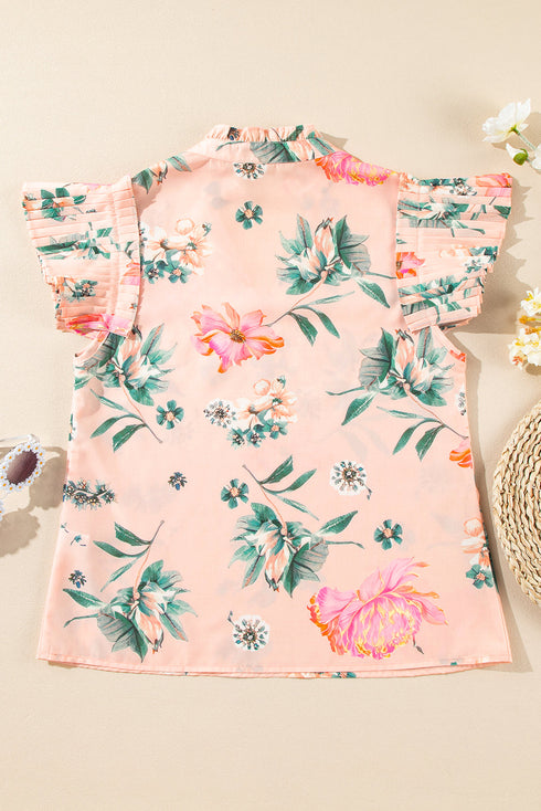 Pink Floral Print Frilled V Neck Pleated Sleeve Blouse