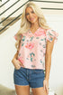 Pink Floral Print Frilled V Neck Pleated Sleeve Blouse